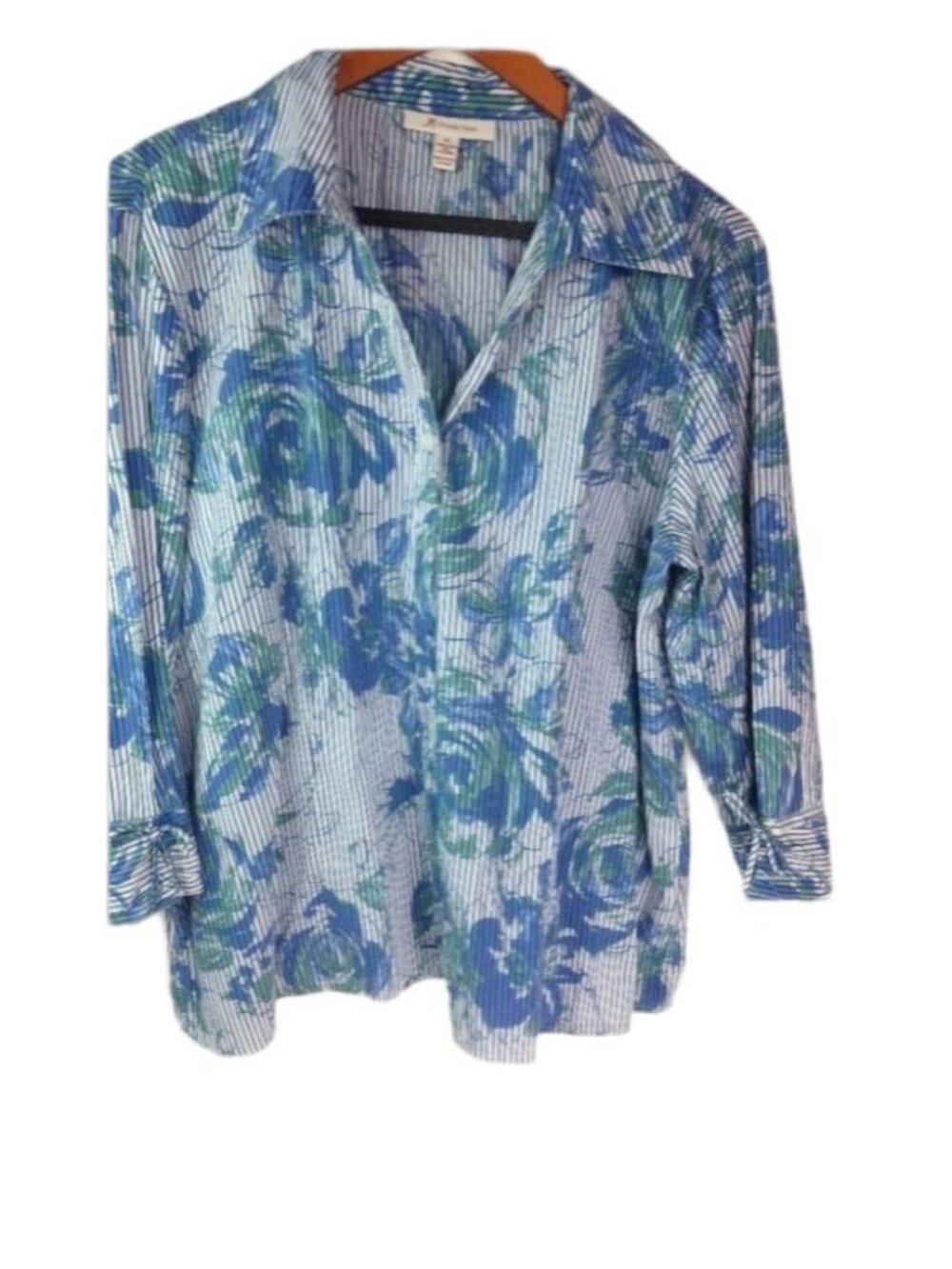 JM Collection 14 Striped Roses Cotton Blend Workwear Top Plus